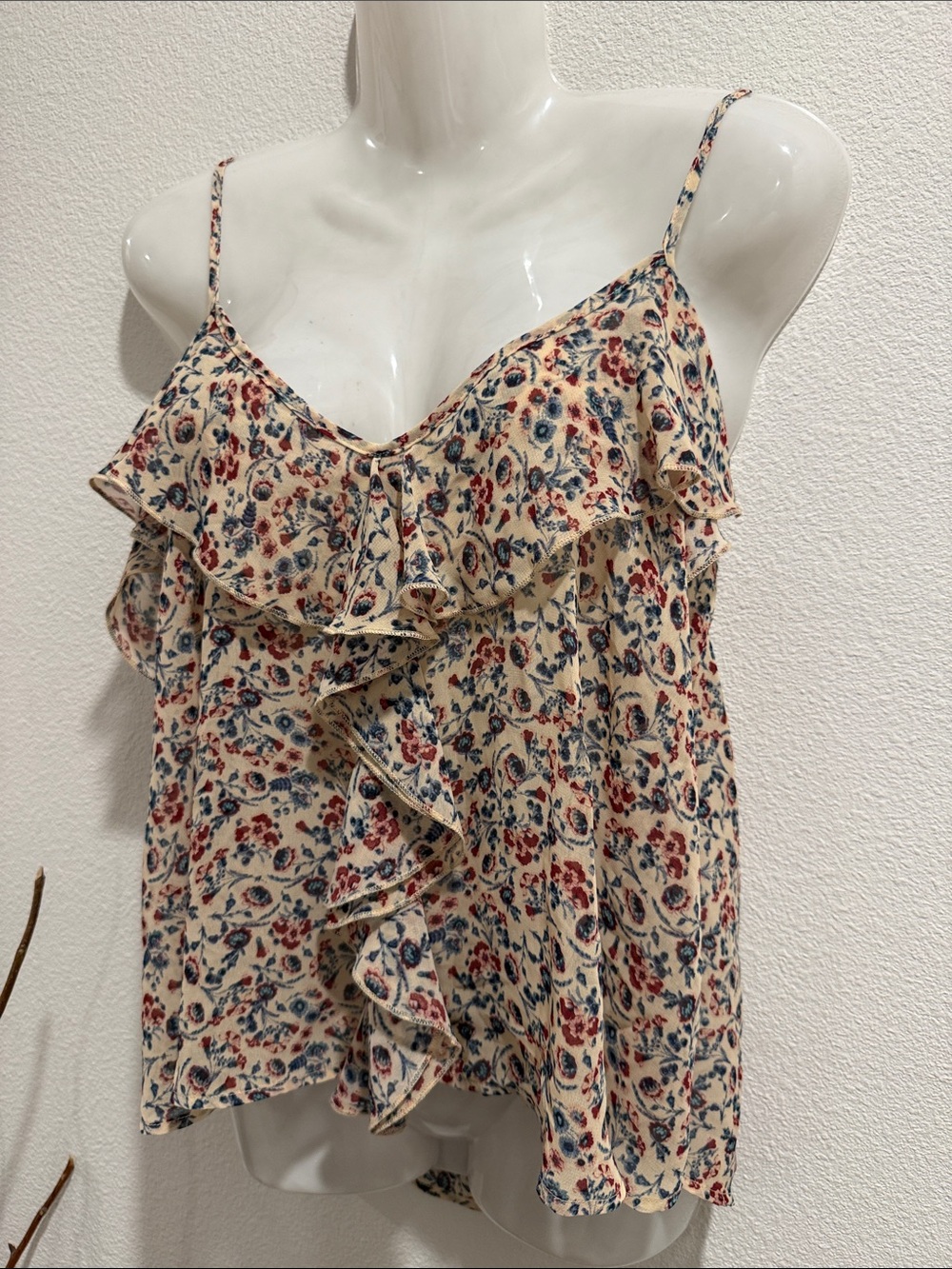 About A Girl Cream Floral Ruffle Cami with Red & Blue Accents